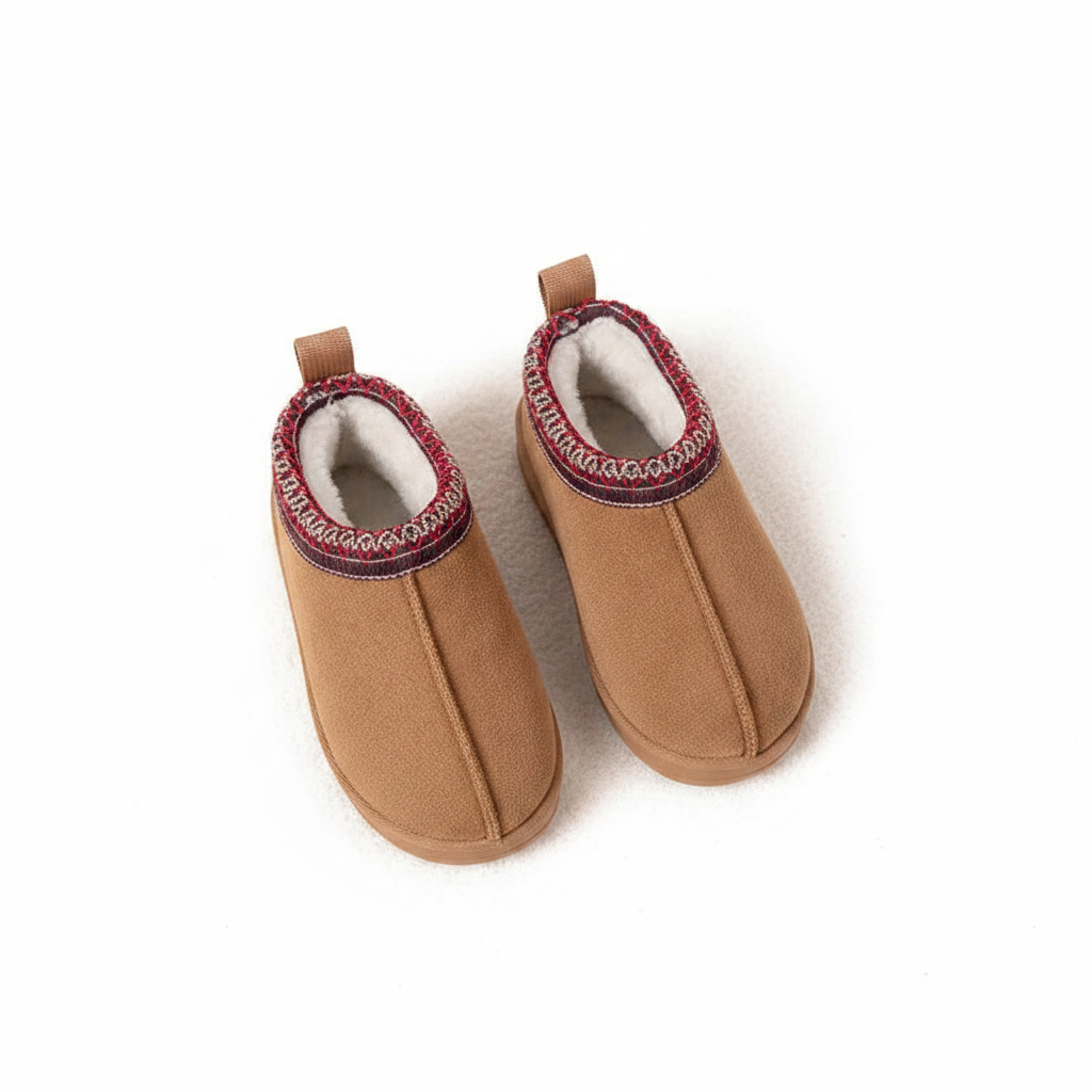 A pair of tan slip-on baby booties with a soft white fleece lining and a red and navy patterned trim around the collar, shown on a white background.