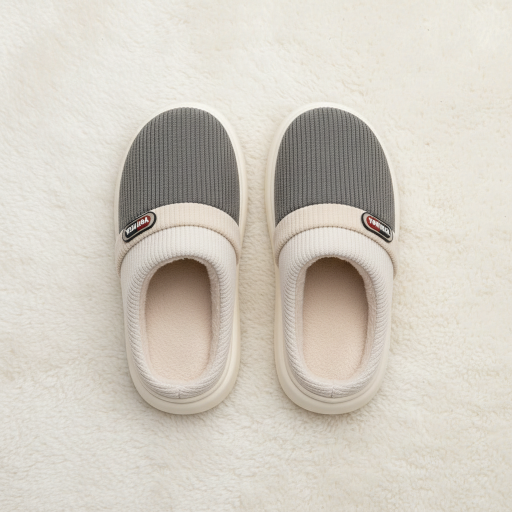 A pair of slip-on indoor slippers shown from above on a soft white textured surface. The slippers have gray ribbed uppers, cream knit trim, cream footbeds, and cream soles.