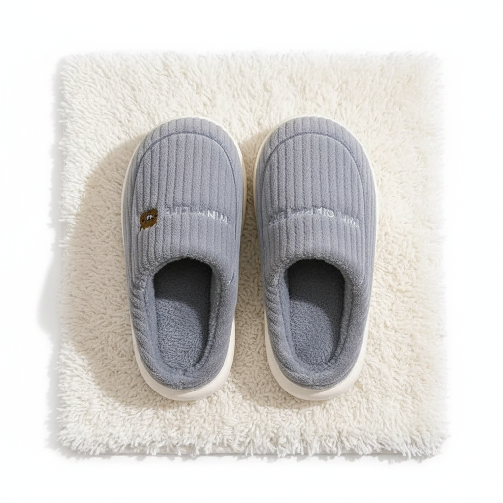 A pair of light gray ribbed slip-on house slippers with white soles, displayed on a white shag rug. The left slipper features a small brown bear face logo on the side.