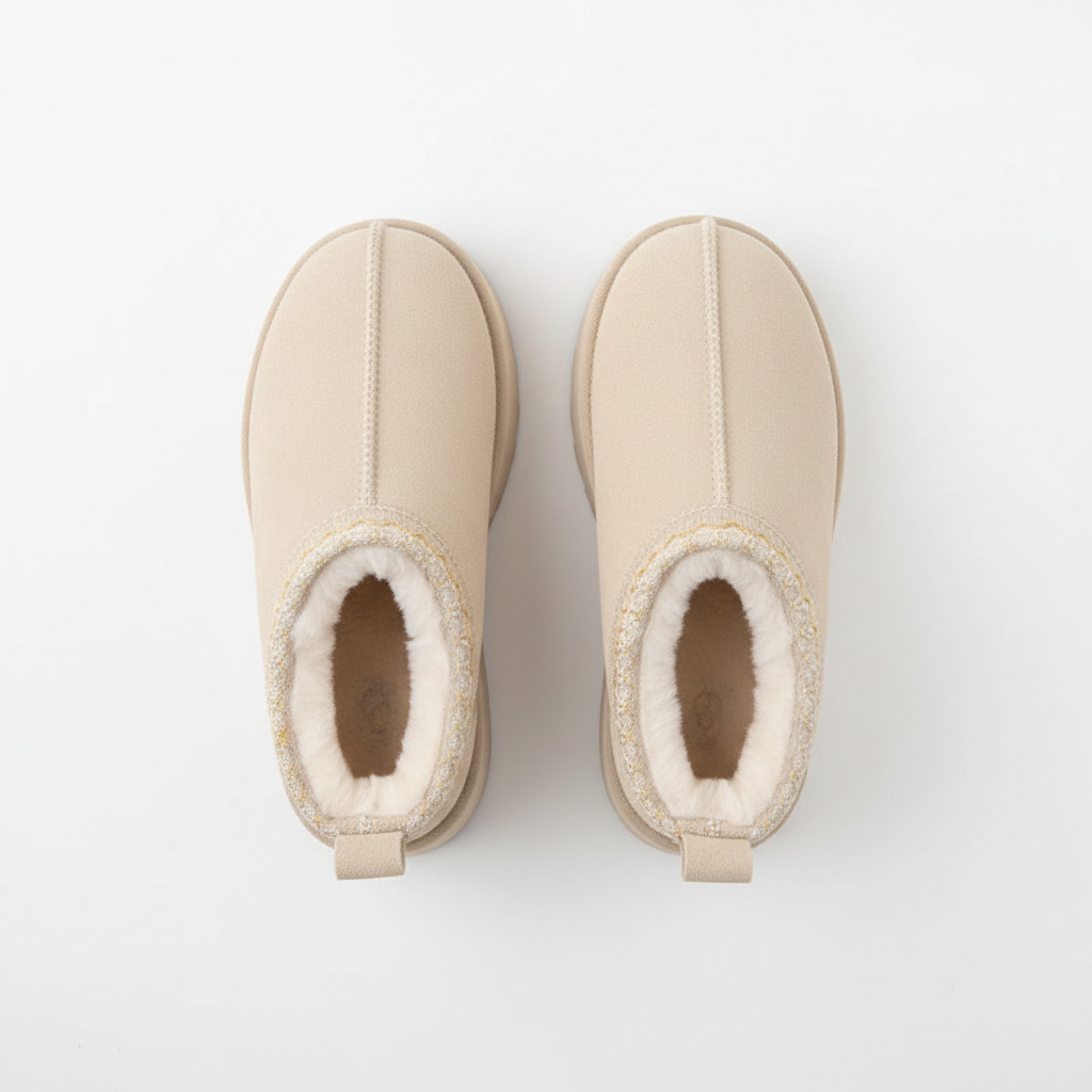A pair of beige slip-on winter boots with white shearling lining and a decorative gold glitter trim around the collar, shown from a top-down view on a white background.