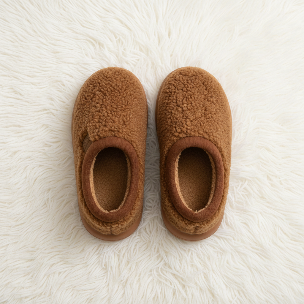 A pair of cozy slip-on slippers in a warm camel brown sherpa fabric, laid flat on a white faux fur rug.