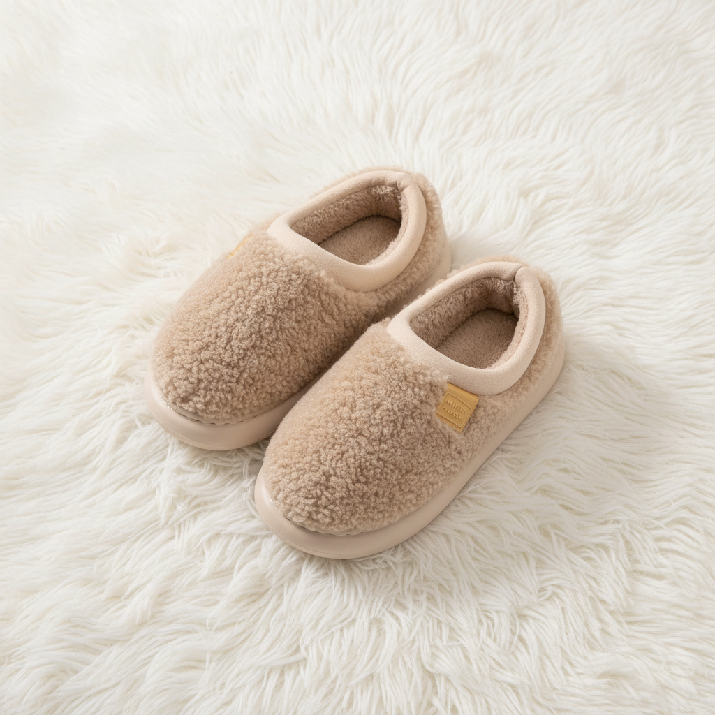 A pair of beige sherpa fleece slip-on slippers with a small tan brand patch, displayed on a white faux fur rug.