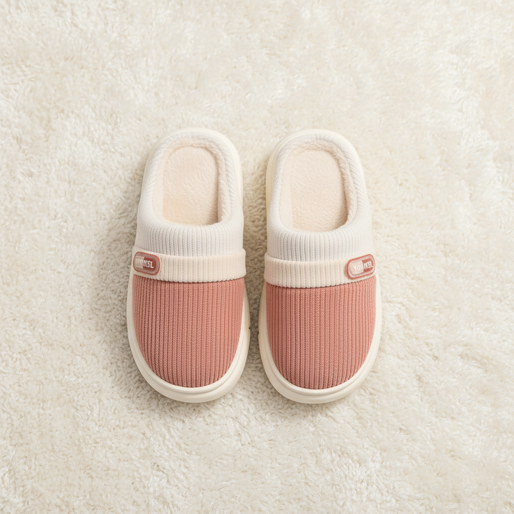 A pair of slip-on indoor slippers with a ribbed dusty pink upper and cream ribbed trim, placed on a soft cream-colored textured rug.