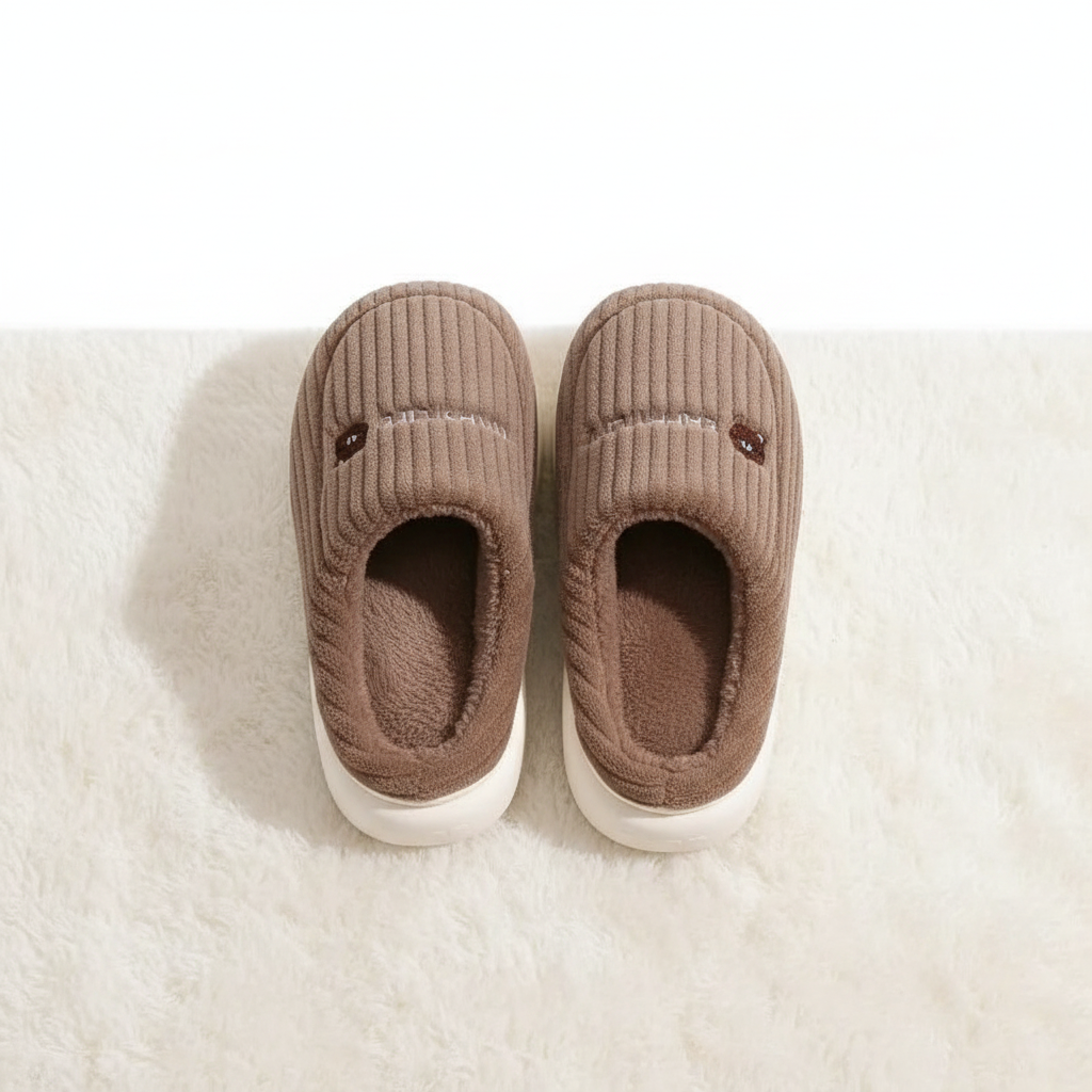 A pair of cozy brown corduroy slip-on slippers with white soles, photographed from above on a white textured rug.