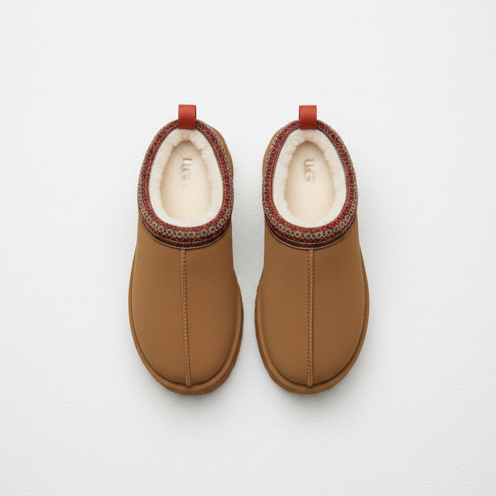 A pair of UGG slip-on ankle boots in tan brown, featuring a cream shearling lining, a patterned trim around the collar, and red pull tabs at the top, shown from a top-down view on a white background.