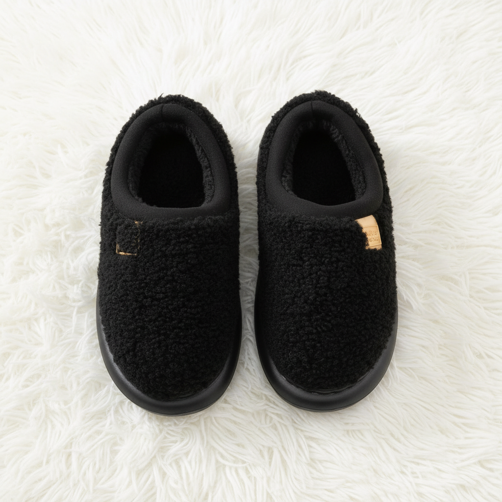 A pair of black fleece slip-on slippers with a soft black interior and a small tan accent tab on the side, photographed from above on a white faux-fur surface.