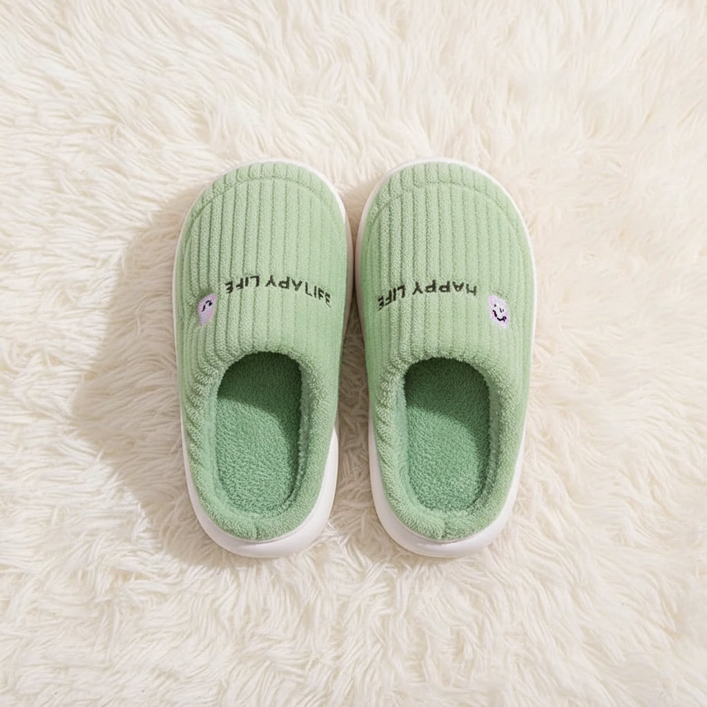 A pair of light green ribbed slip-on slippers with white soles, placed on a white faux fur rug. The slippers feature the text 'HAPPY LIFE' in black and a small embroidered smiley face on the side.