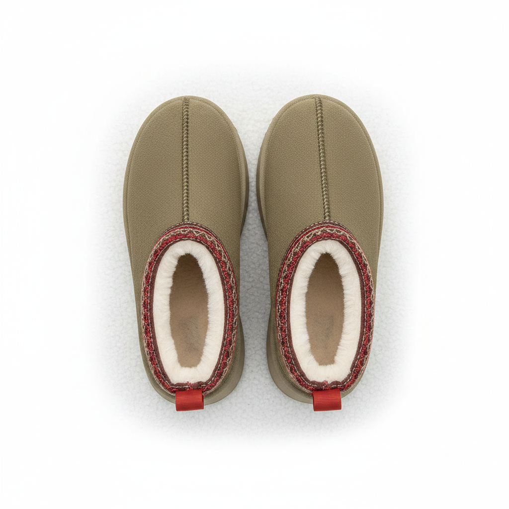 A pair of slip-on winter slippers shown from a top-down view on a white background. The slippers have a taupe-brown synthetic exterior, a red and beige patterned trim around the collar, a cream-colored fleece lining, and a small red pull tab.