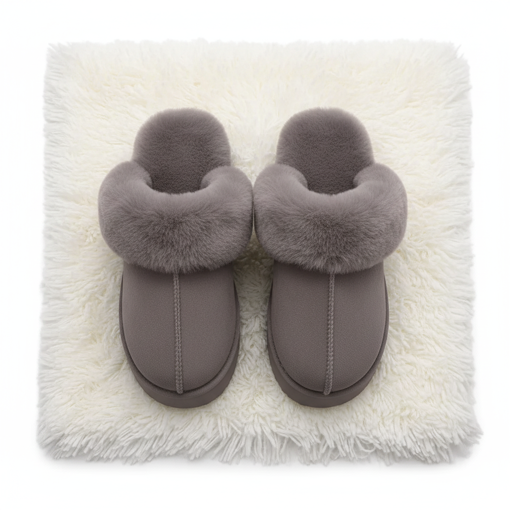 A pair of taupe faux-fur slipper mules with thick plush faux-fur trim, displayed on a white shag rug.