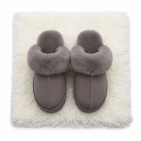A pair of taupe faux-fur slipper mules with thick plush faux-fur trim, displayed on a white shag rug.