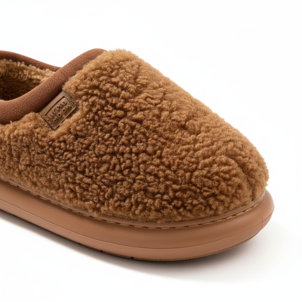 A close-up of a slip-on fleece slipper in a warm camel brown color, showing the textured sherpa-like upper, a matching brown elastic collar with a small brand tab, and a smooth brown sole on a white background.
