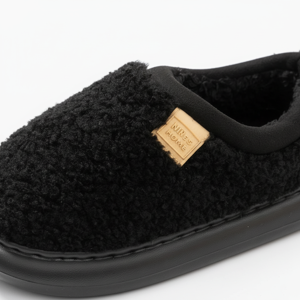 A close-up of a black fluffy fleece slipper with a tan leather brand patch that reads 'NILES HOMME' on a white background.