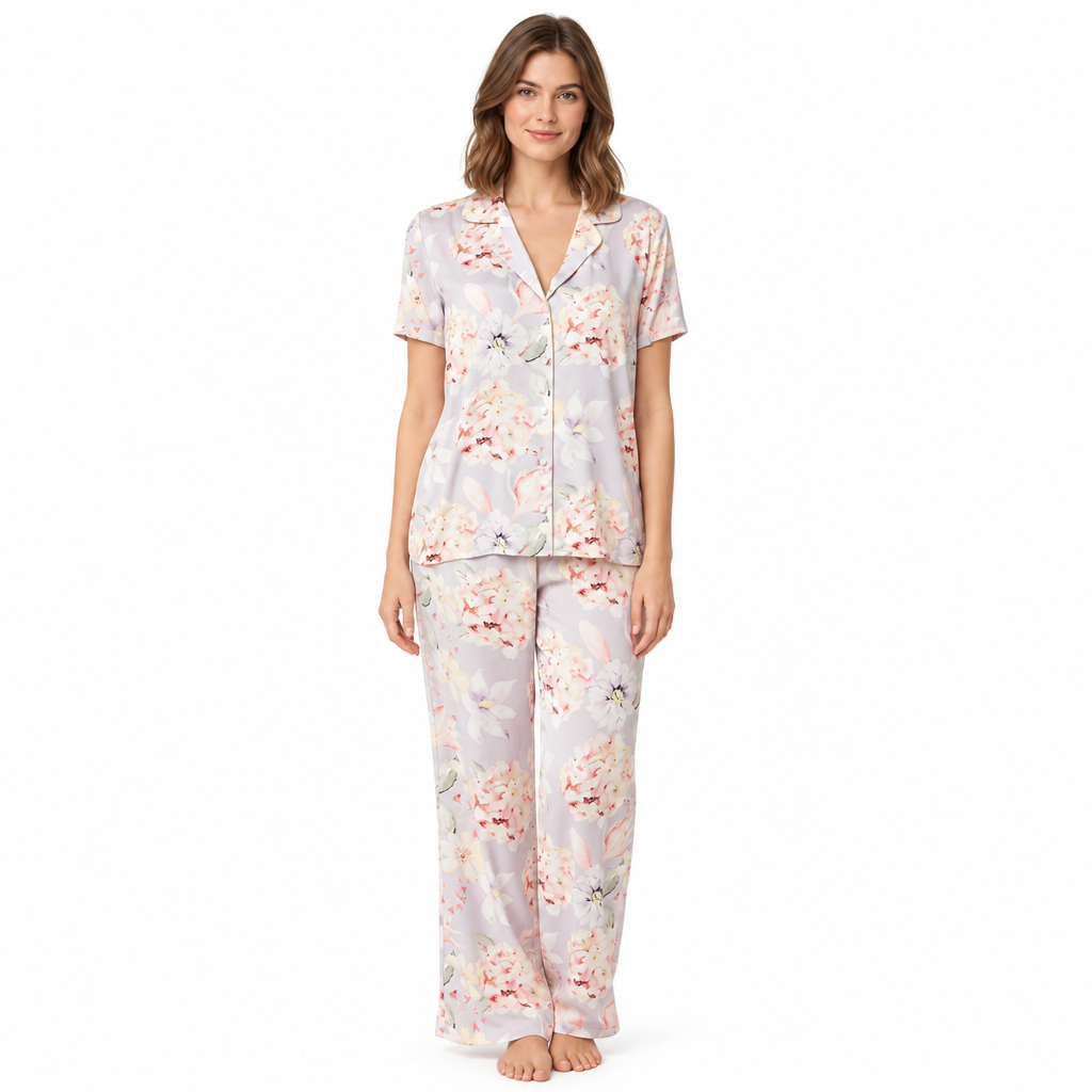 Women’s Floral Satin Pyjama Set with Short Sleeves