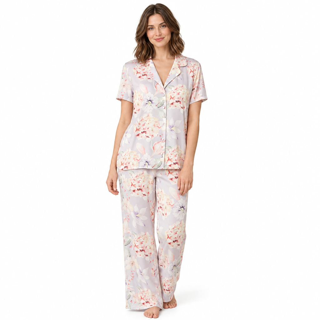 Women’s Floral Satin Pyjama Set with Short Sleeves