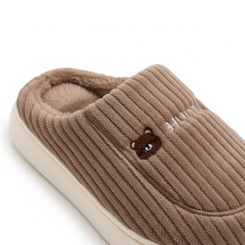 A close-up of a ribbed brown slip-on slipper with a plush lining, a small embroidered bear face on the side, and white lettering, shown on a white background.