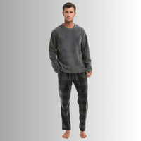 Fluffy Mens Pjs Fleece Pajama set, Mens Thermal Pyjamas in Grey Check. - SaneShoppe