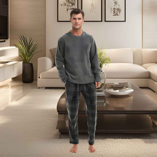 Fluffy Men's Fleece Pajama Set, Thermal Pyjamas in Grey Check.