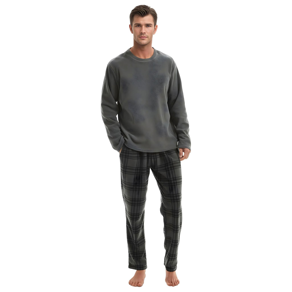 Fluffy Mens Pjs Fleece Pajama set, Mens Thermal Pyjamas in Grey Check. - SaneShoppe