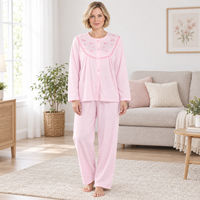 Women’s Brushed Pyjama Set with Floral Embroidery, Pink & Aqua