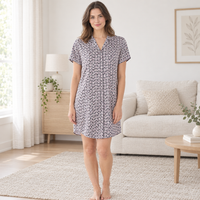 Women's Satin Nightshirt Button Down Printed Floral Navy Sleepwear