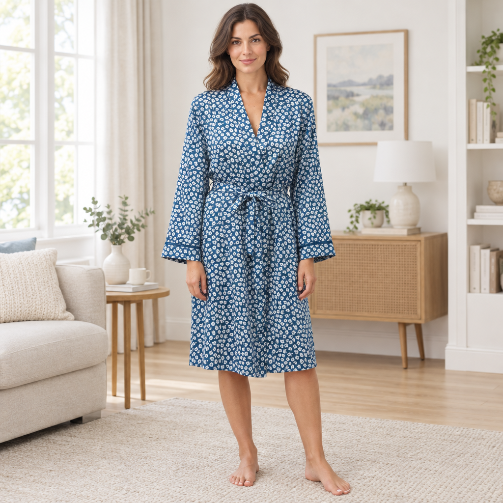 Womens Satin Kimono Luxury Silk Touch Dressing Gown Plum Blue Steel