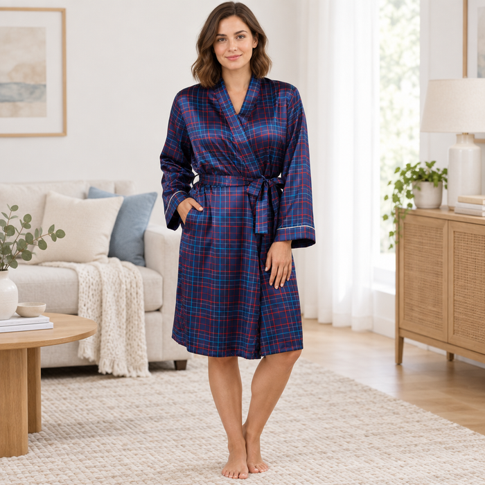 Womens Satin Kimono Bathrobe in Navy Red Check Design