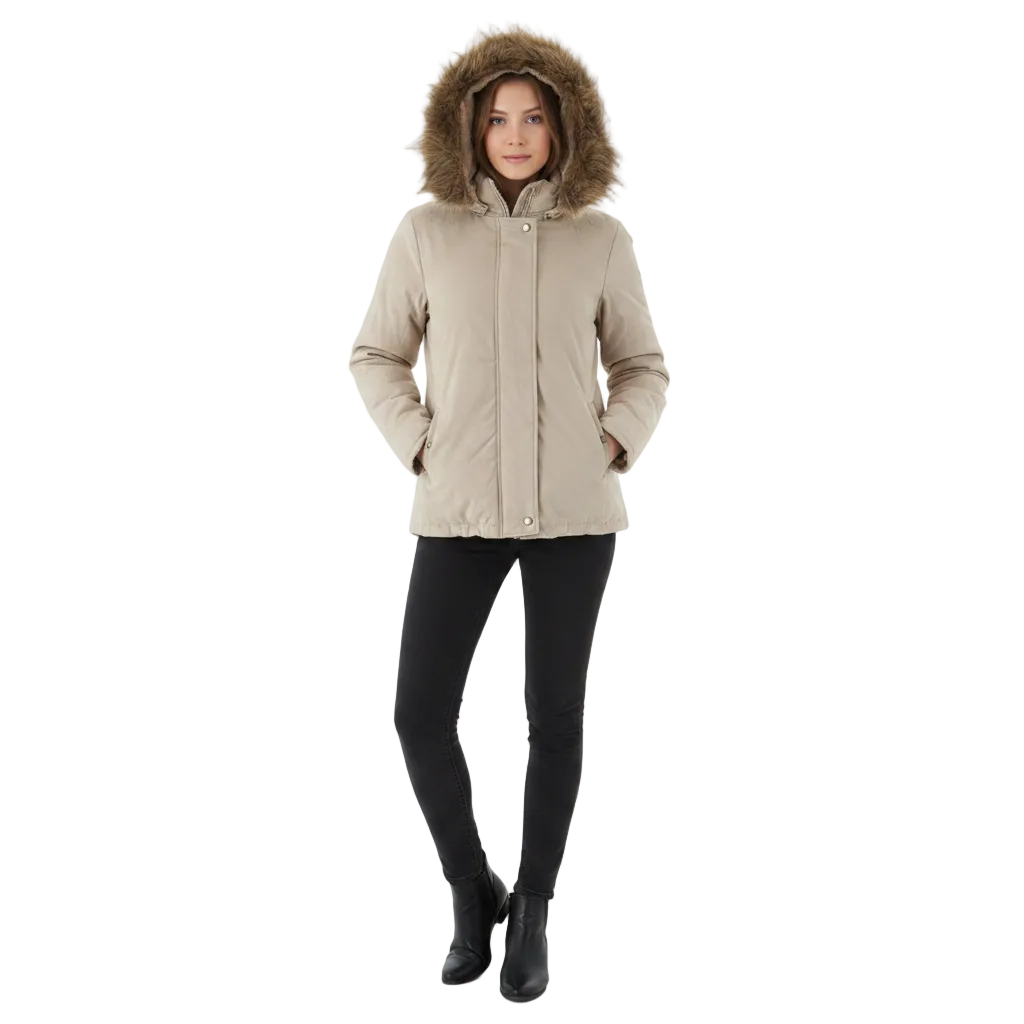 A woman modeling a light beige puffer jacket with a brown faux-fur trimmed hood, paired with black pants and black ankle boots, against a plain white background.