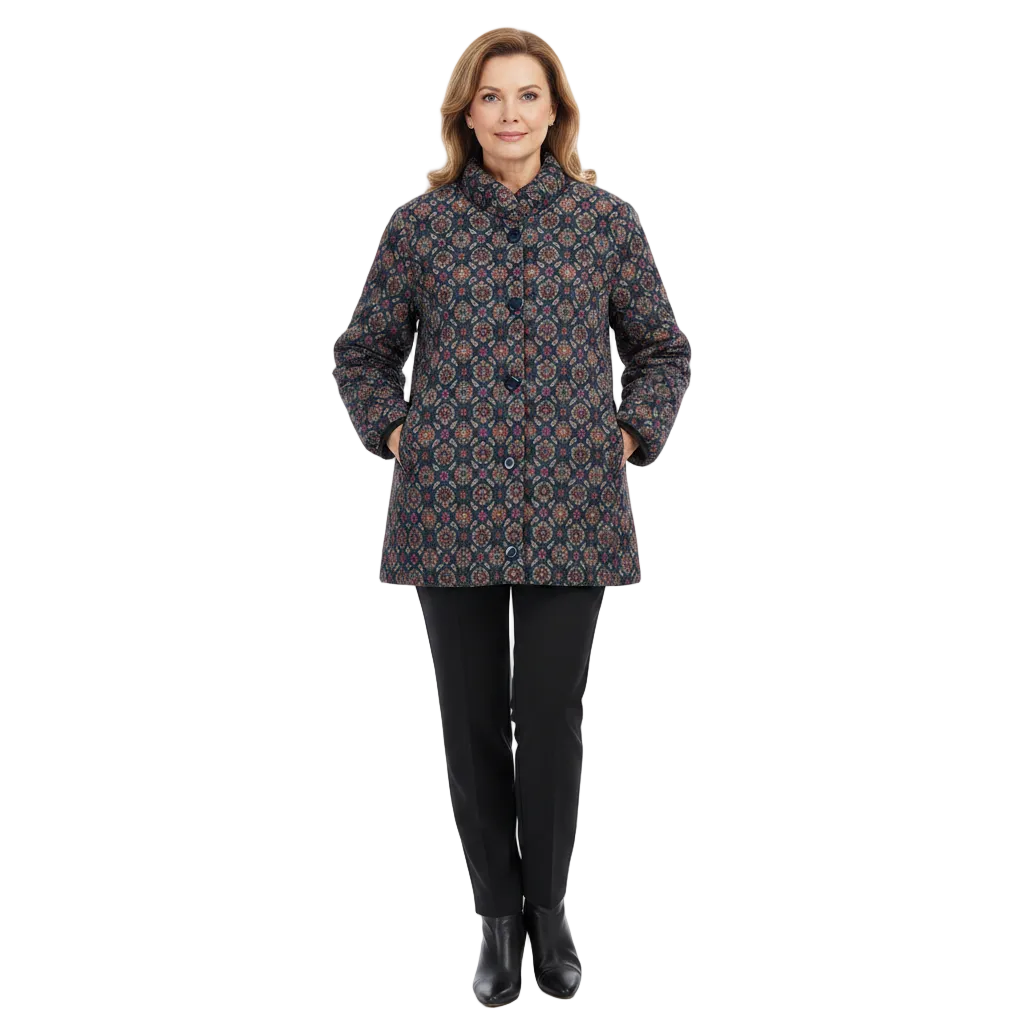 A woman modeling a mid-length quilted coat with a geometric pattern in navy, red, and beige, paired with black pants and black ankle boots, on a solid white background.