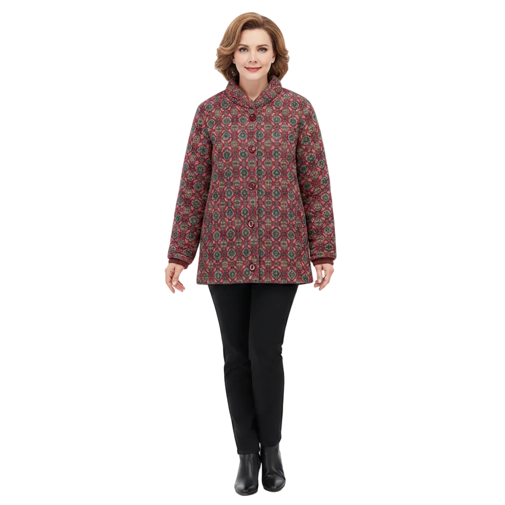 A woman modeling a quilted jacket with a red, green, and black geometric pattern, paired with black pants and black boots, against a solid white background.