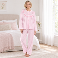 Women’s Brushed Pyjama Set with Floral Embroidery, Pink & Aqua