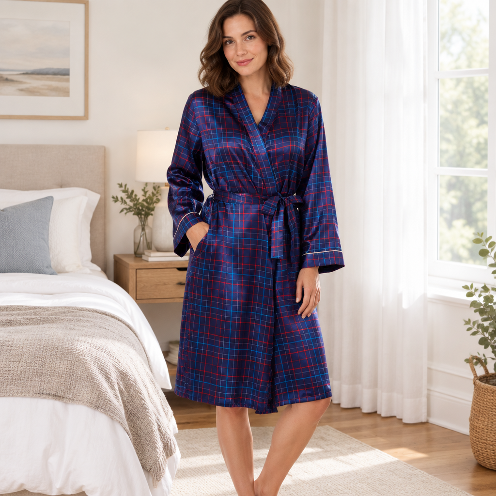 A woman wearing a long-sleeve plaid bathrobe in a bedroom setting. The robe features a blue, purple, and red tartan pattern with white piping on the collar, cuffs, and waist tie belt.