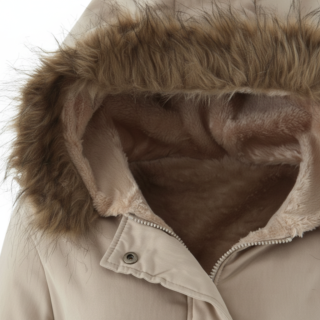 Close-up of a beige winter jacket with a plush faux-fur trimmed hood and matching faux-fur lining, shown against a plain white background.