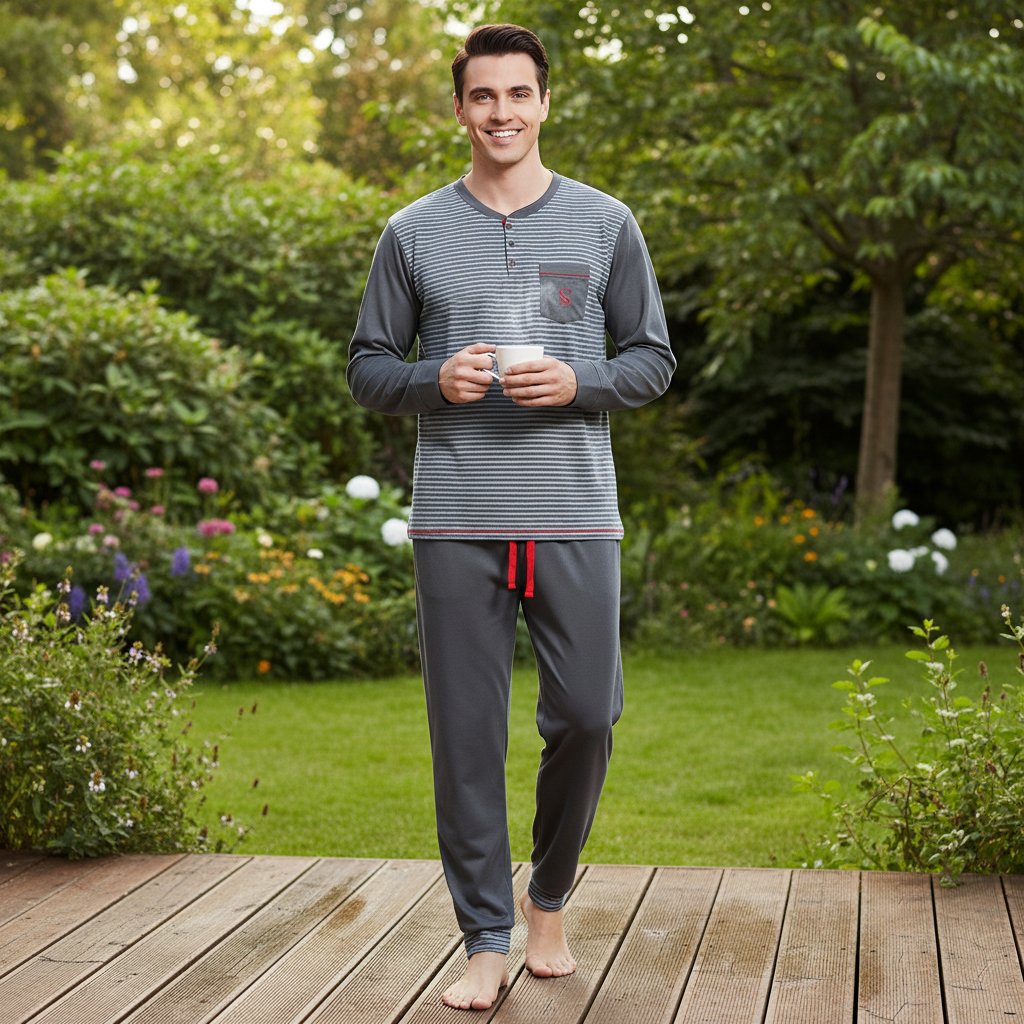 A man stands barefoot on a wooden deck in a lush garden, wearing a gray long-sleeve striped henley pajama top with a red drawstring and matching gray pants.