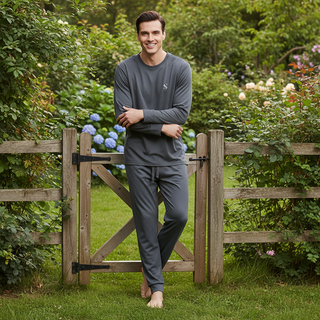 A man wearing a dark gray long-sleeve crewneck shirt and matching sweatpants stands barefoot in a grassy garden behind a wooden gate.