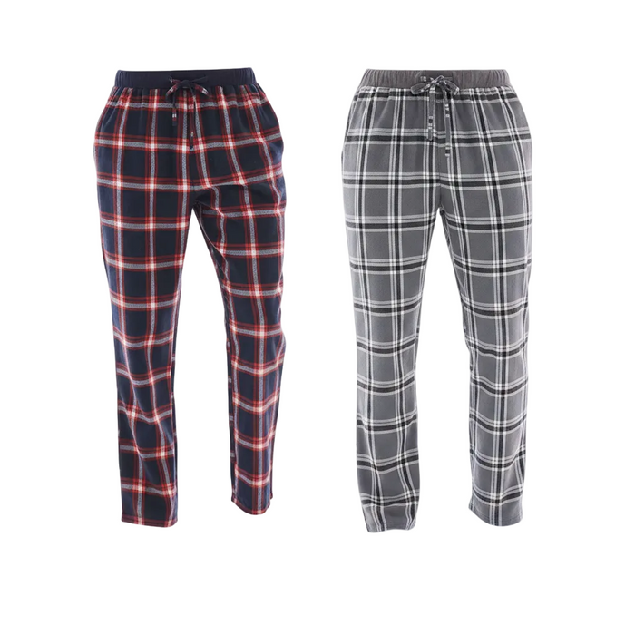 Two pairs of plaid lounge pants shown side by side on a plain white background. The left pair is navy blue with red and white plaid lines, and the right pair is gray with white and black plaid lines.