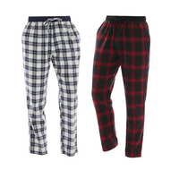 Two pairs of men's plaid pajama pants shown side by side on a white background. The left pair is white with a navy blue and gray plaid pattern, and the right pair is black with a red plaid pattern.
