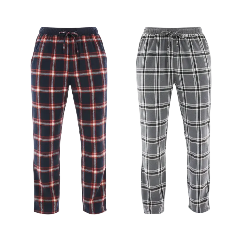 Two pairs of men's plaid lounge pants shown side by side on a plain white background. The left pair is navy blue with red and white plaid lines, and the right pair is gray with white and black plaid lines.