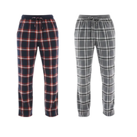 Two pairs of men's plaid lounge pants shown side by side on a plain white background. The left pair is navy blue with red and white plaid lines, and the right pair is gray with white and black plaid lines.