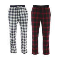 Two pairs of men's plaid pajama pants shown side by side on a plain white background. The left pair is white with a navy blue and gray plaid pattern, and the right pair is black with a red plaid pattern.