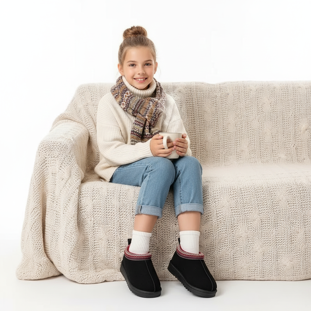 A young girl sits on a cream cable-knit sofa, wearing a cream knit sweater, a brown and beige patterned scarf, light blue jeans, white socks, and black slip-on boots. She is holding a white mug against a clean white background.