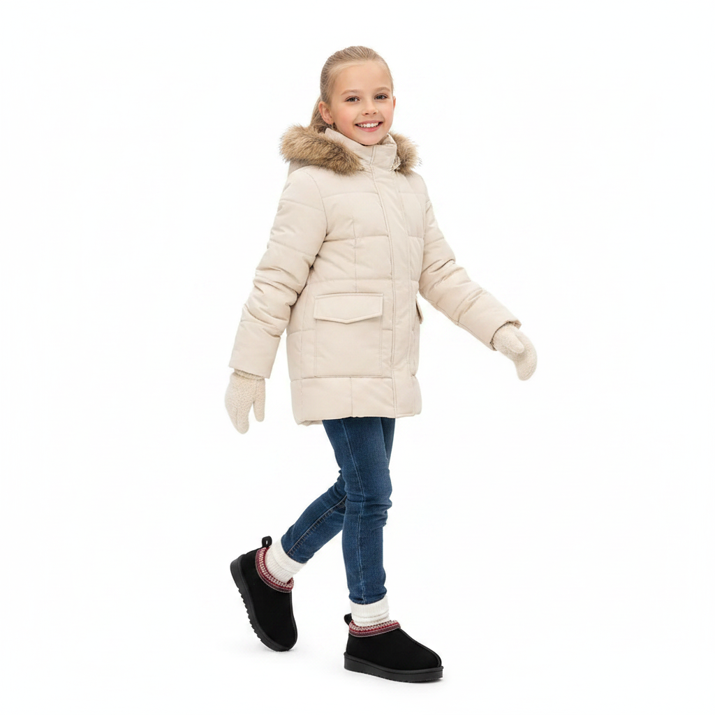 A young girl wearing a light beige puffer parka with a brown faux-fur trimmed hood, blue jeans, white socks, and black slip-on shoes, walking against a solid white background.