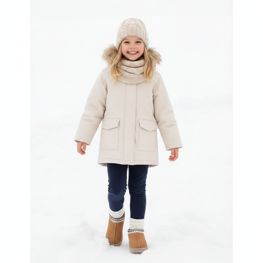 A young girl smiling in a snowy outdoor setting, wearing a light beige winter parka with a faux-fur trimmed hood, a matching knit beanie, a knit neck warmer, dark blue leggings, and tan boots.
