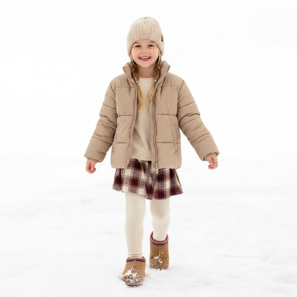 A young girl smiling in a snowy outdoor setting, wearing a beige puffer jacket, cream knit sweater, a red and brown plaid skirt, cream tights, and tan boots.