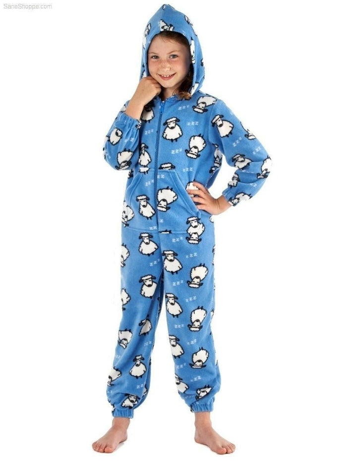 Girls Sheep Printed Zip Through, Hooded Fleece Onesies - SaneShoppe