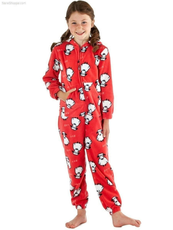 Girls Sheep Printed Zip Through, Hooded Fleece Onesies - SaneShoppe