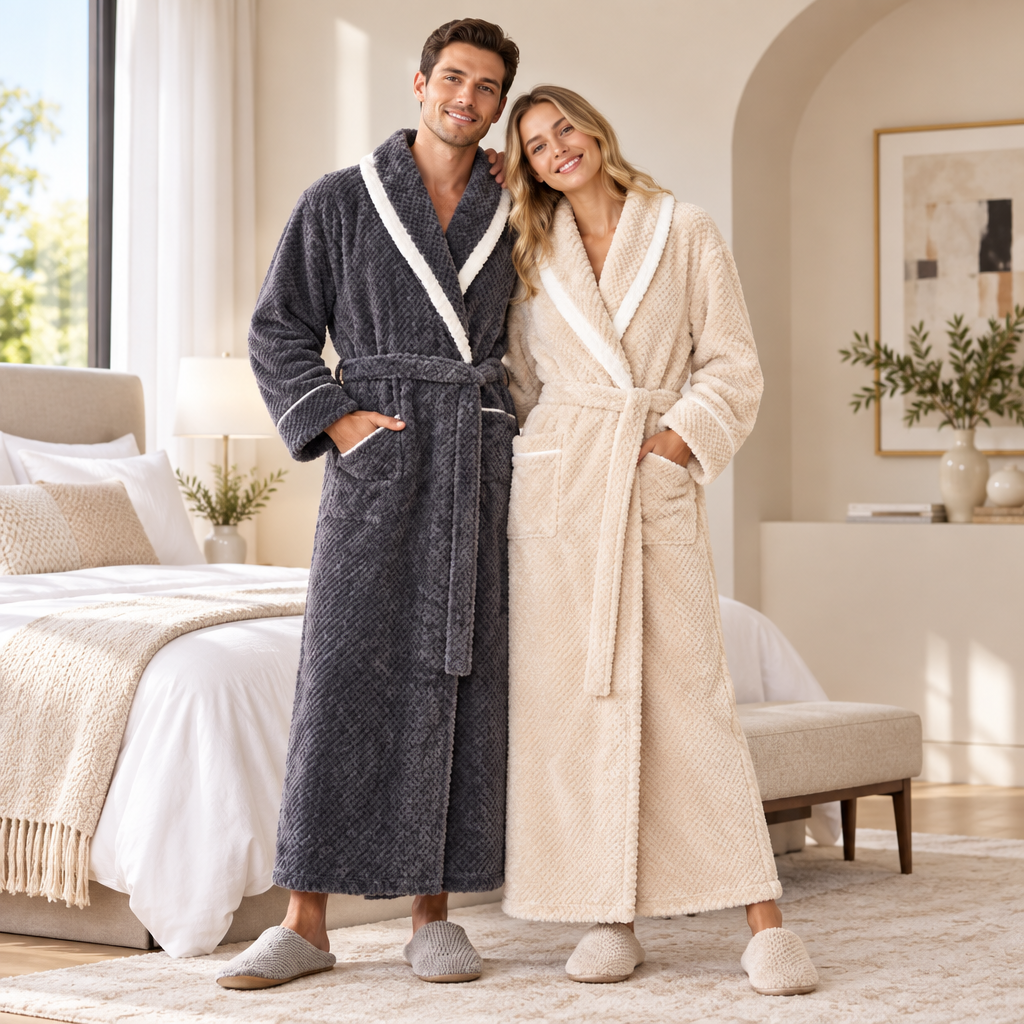 Men's Oversized Fleece Bathrobe - Coral Flannel Kimono Robe for Couples