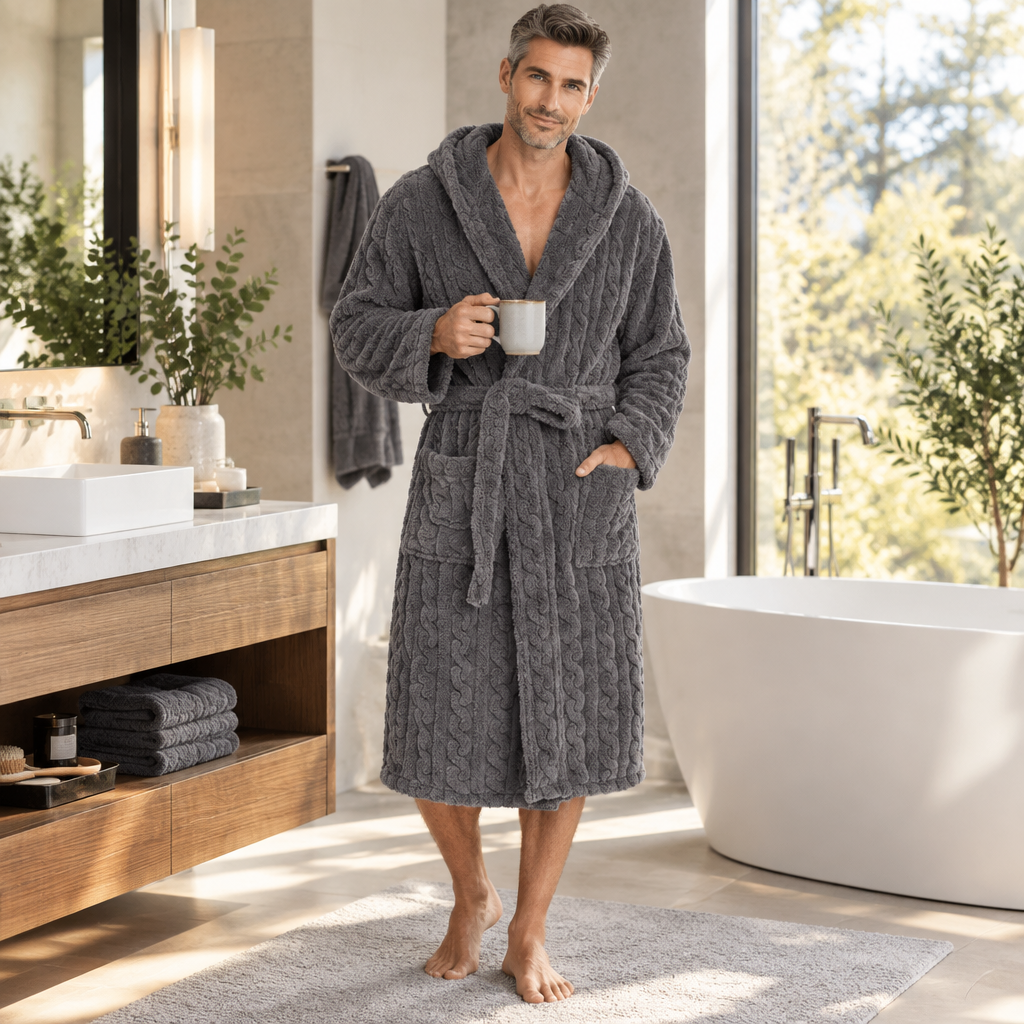 Jacquard Flannel Hooded Bathrobe for Men - Plush Coral Fleece Gown