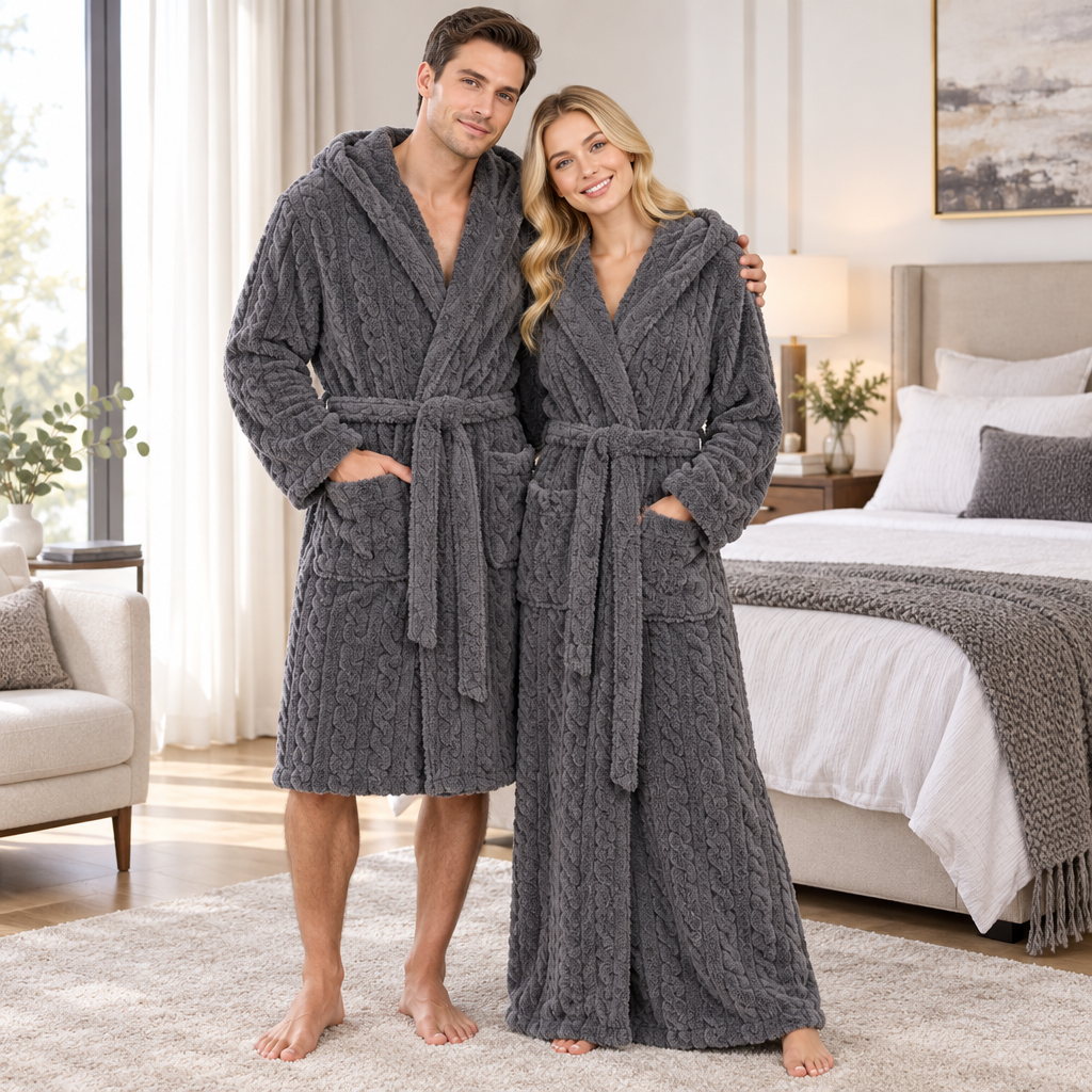 Jacquard Flannel Hooded Bathrobe for Men - Plush Coral Fleece Gown