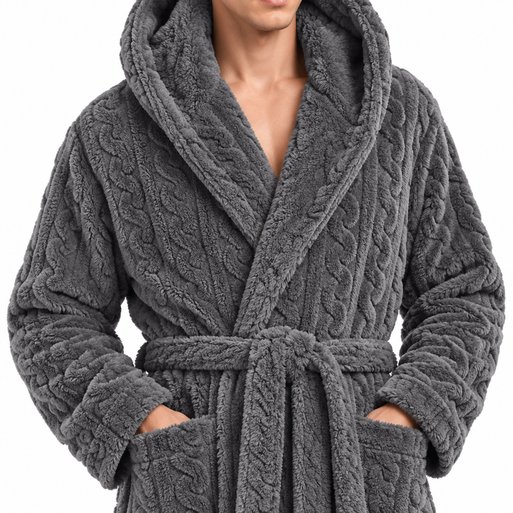 Jacquard Flannel Hooded Bathrobe for Men - Plush Coral Fleece Gown