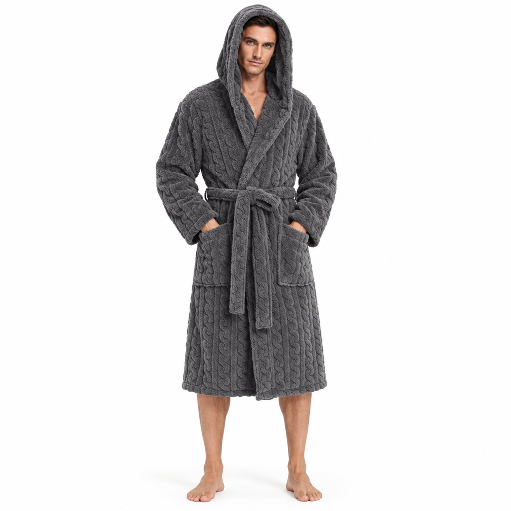 Jacquard Flannel Hooded Bathrobe for Men - Plush Coral Fleece Gown